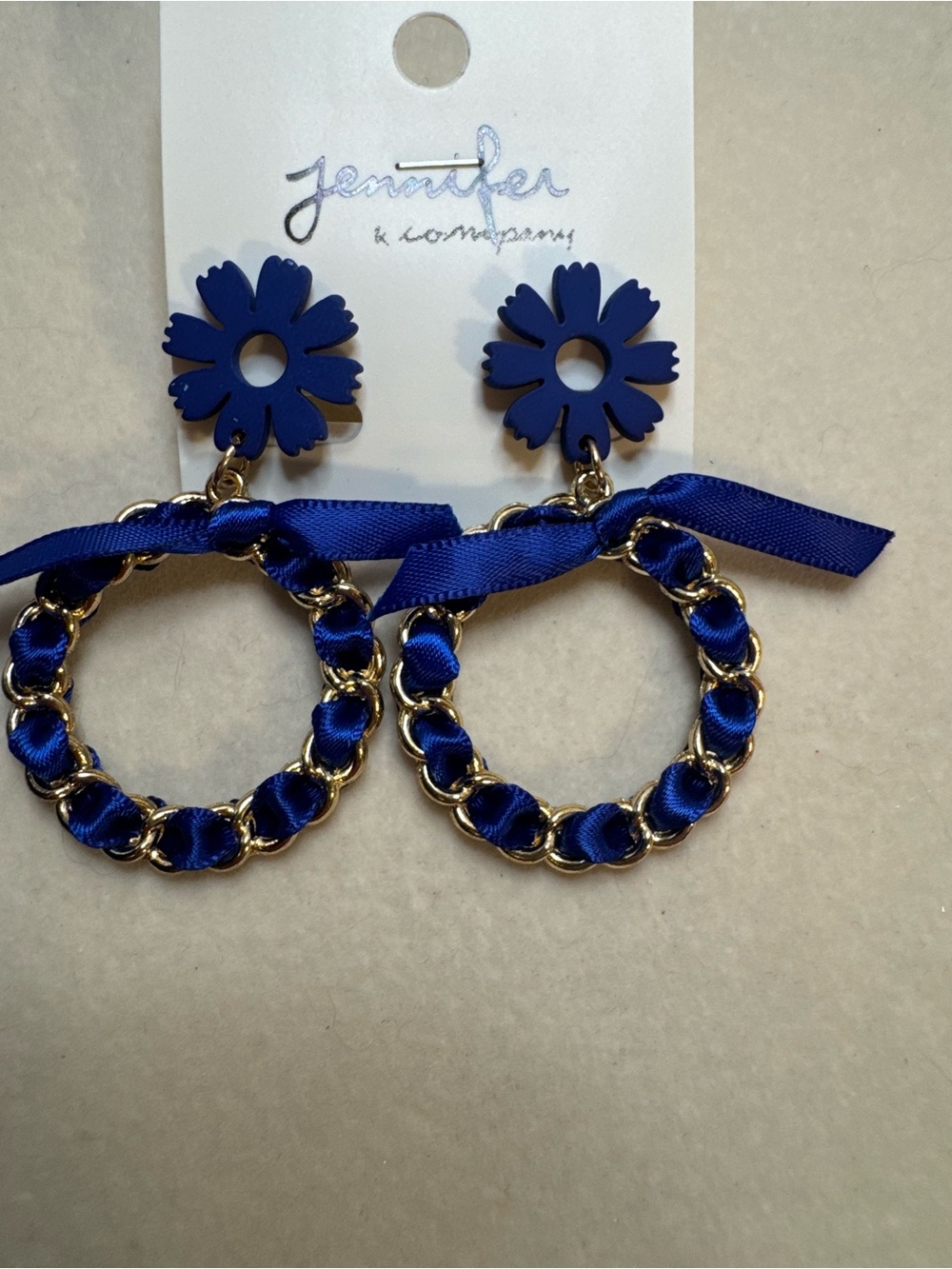 New Jennifer & Co Royal Blue Ribbon & Chain Hoop Earrings